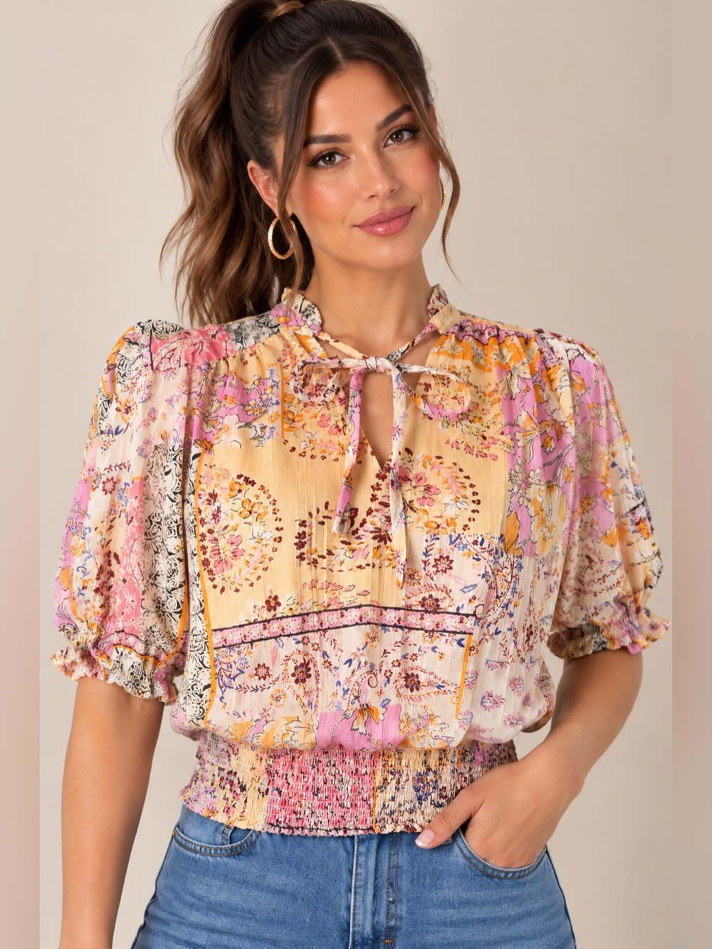 Rachel Zoe Pink & Yellow Floral Tie-Neck Puff Sleeve Blouse
